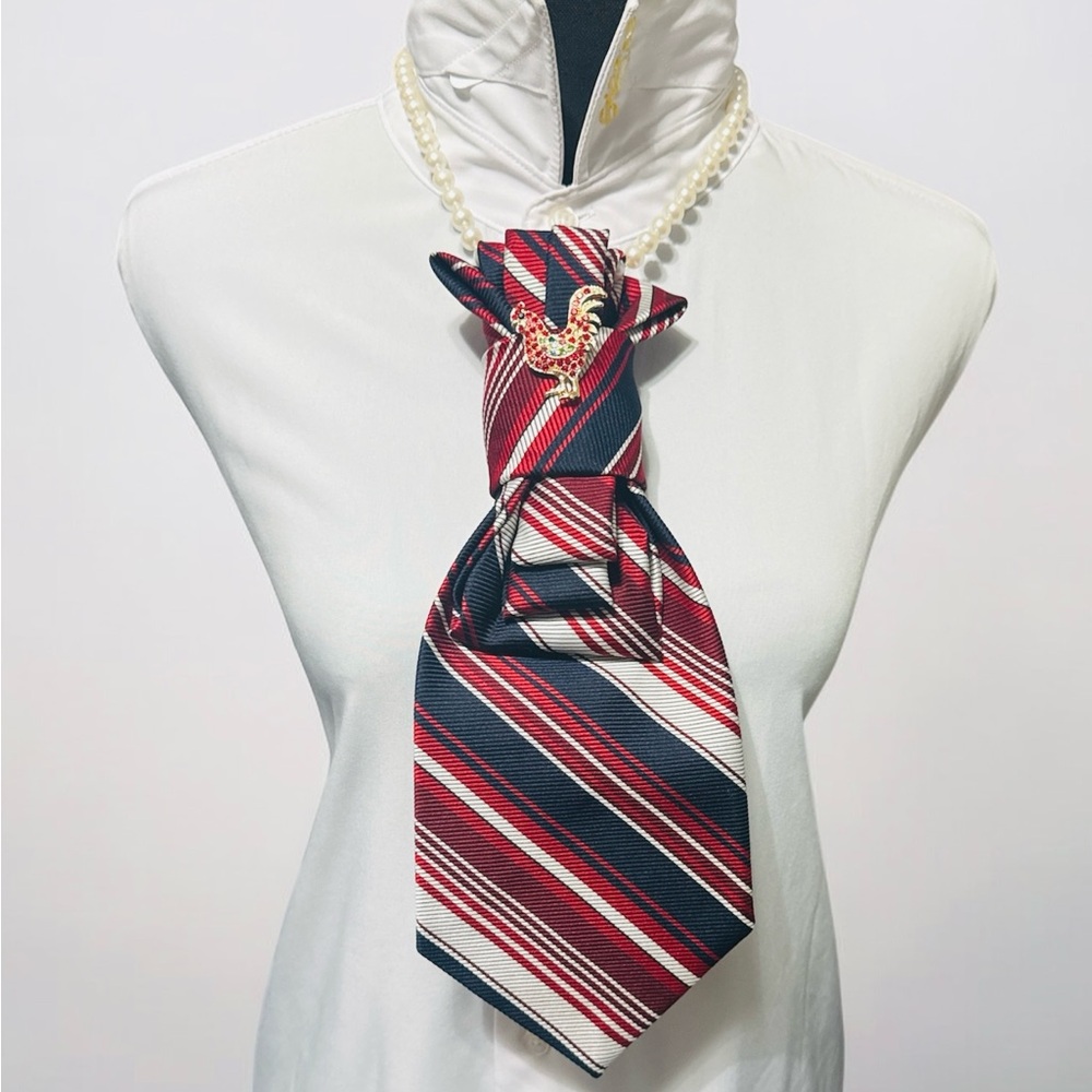 Red, White, and Blue Striped Necktie with Rooster Brooch